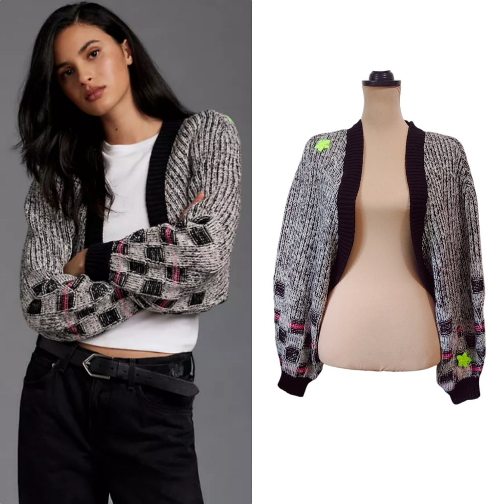 Pilcro Cropped Checkerboard Cardigan Sweater